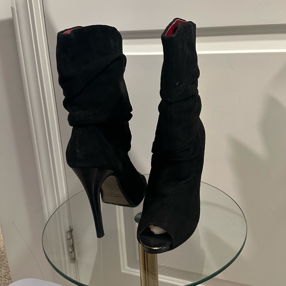 Max Studio Ruched Stiletto Heel Peep Tow Booties in Black Suede Leather